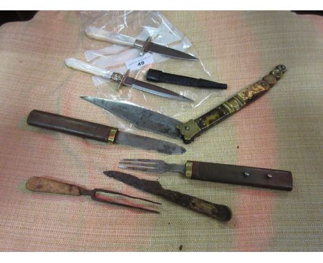 Antique steel and brass folding knife with bone and horn grip, the blade marked Beauvoir, together with two small mother of p