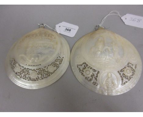 Pair of carved mother of pearl shells, one decorated with ' The Last Supper ', inscribed S. Bethleen, with pierced floral pan