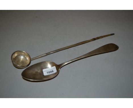 Scottish silver ladle inset with a Dundee silver coin and a white metal tablespoon, marked RIEBER........ 