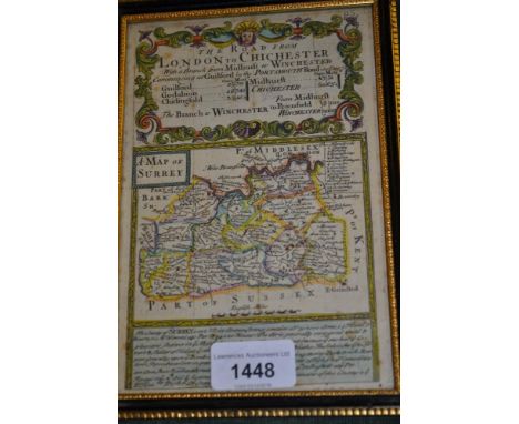 Small 18th Century Bowen map of Surrey with road map verso, together with a watercolour portrait miniature, small miniature f