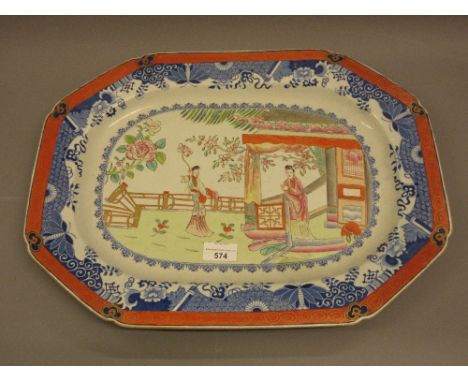 19th Century Spode blue and white transfer printed octagonal stoneware meat plate 