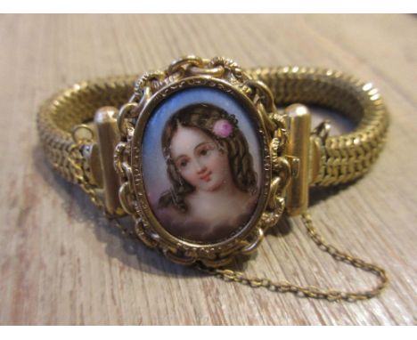 Continental gold plated bracelet, the clasp mounted with an oval miniature portrait plaque of a young girl on mother of pearl