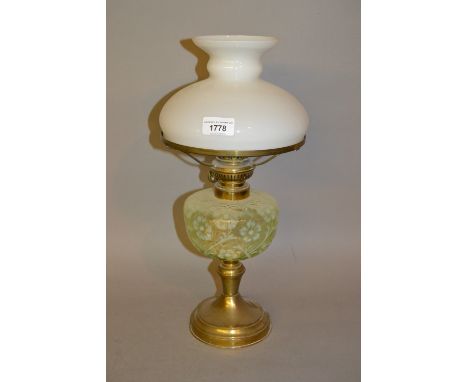 Brass oil lamp with opaque white glass shade and Vaseline glass wellNo hairline cracks visible, just couple of light scratche