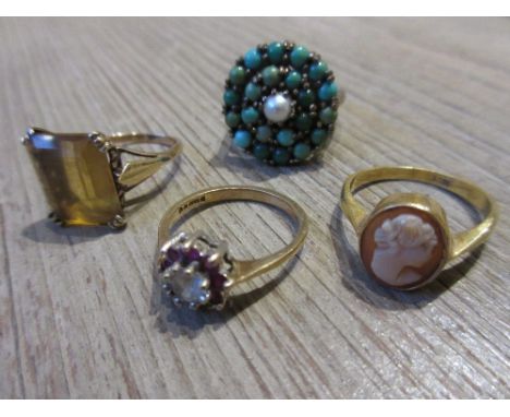 18ct Gold dress ring set cameo portrait together with three various 9ct gold dress rings 