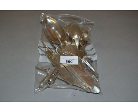 Ten silver knife blades, Continental silver spoon and fork, Georgian silver shell pattern tablespoon and seven other various 