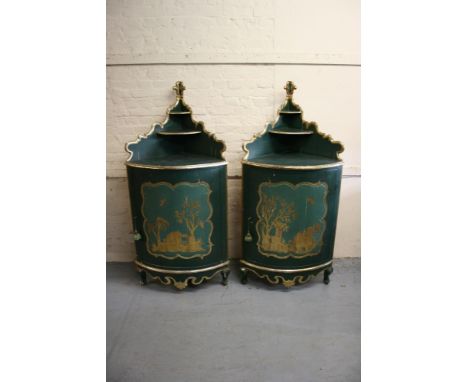 Pair of 19th Century Maltese painted and gilded corner cabinets with tiered shelves above bow fronted flush panel doors with 