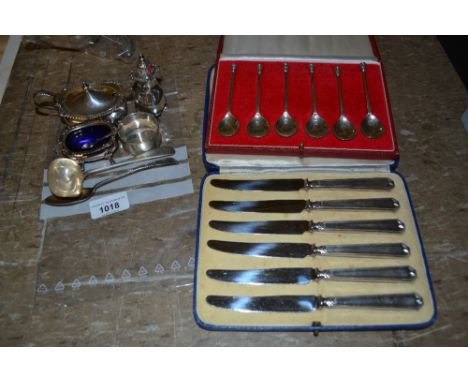 Silver three piece condiment set, cased set of six silver seal top spoons, silver napkin ring, two spoons and six silver hand