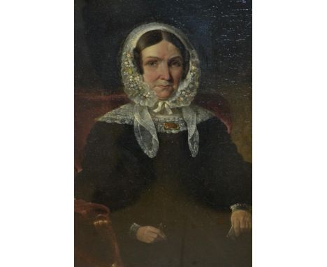 19th Century English school, oil on panel, portrait of a seated lady wearing a lace headdress holding spectacles and a letter