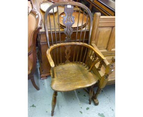 19th Century yew wood, elm and beech splat and stick back Windsor armchair on turned supports with crinoline stretcher 