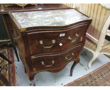 Small 18th Century French kingwood commode, the marble inset top above two drawers raised on cabriole front supports (with da