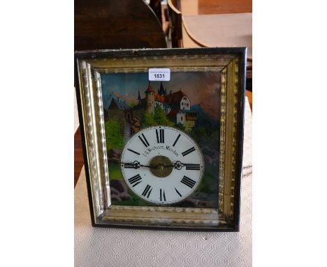 19th Century German wall clock, the rectangular dial with reverse printed landscape, the dial inscribed Neubauer, Munich 