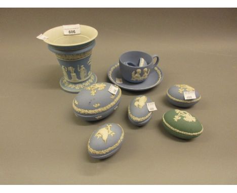 Wedgwood blue Jasperware vase together with a quantity of other Wedgwood blue Jasperware trinket boxes etc. 