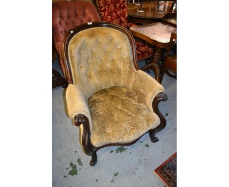 Good quality Victorian carved mahogany and button upholstered tub shaped drawing room chair on cabriole front supports with b