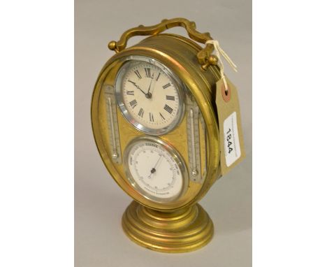 French oval brass compendium clock with two circular dials for time and barometer and two silvered dial thermometers 