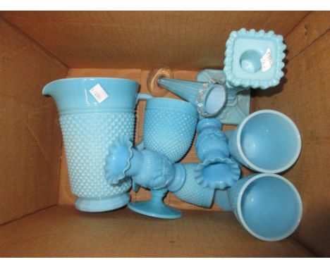 Victorian blue opaque hob nail moulded glass jug, four similar goblets, candlestick and a specimen vaseAll pieces are in good