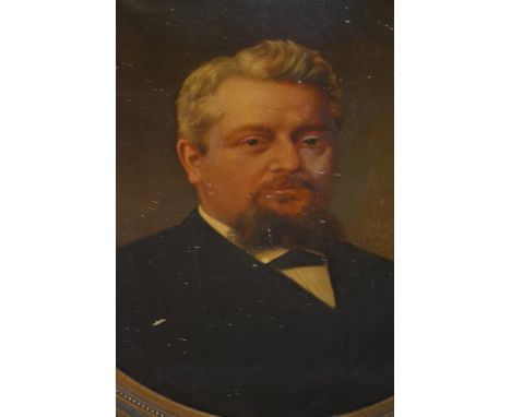 19th Century oil on canvas, head and shoulder portrait of a gentleman in an oval gilded composition frame with scroll mount, 