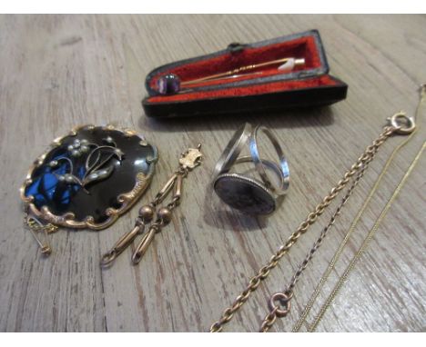 Silver stick pin set small oval blue john panel, another stick pin, 9ct gold neck chain, two other chains, simulated blue joh