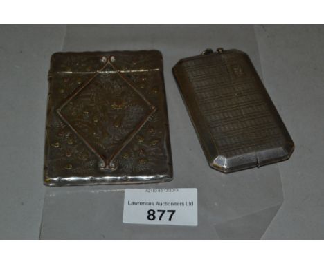 Victorian silver and yellow metal decorated card case with a floral design together with a small silver and engine turned car