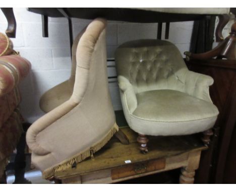 Victorian button upholstered tub shaped chair on turned front supports, together with another similar tub chair 