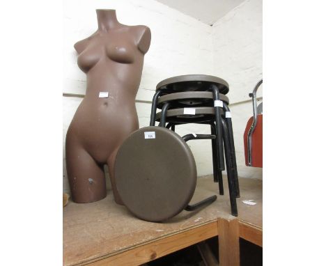 Set of four Pel Designer Group stacking stools and a female half mannequin 