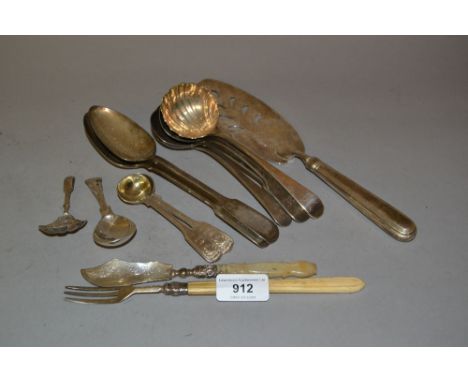Pair of 19th Century silver tablespoons, four silver ladles, pair of condiment spoons, two caddy spoons, butter knife, silver