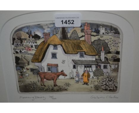 Small Graham Clarke coloured etching, No. 361 of 480, entitled ' Morning Dairy ', 5ins x 6ins, in a silver gilt frame 