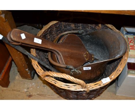 19th Century copper helmet shaped coal scuttle, miscellaneous fire tools and two log baskets 