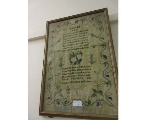 19th Century Welsh needlework sampler worked by Joah Thomas 1845, 19.5ins x 13ins 
