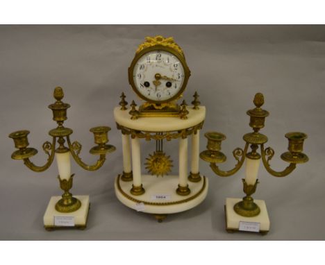 19th Century French ormolu and white alabaster clock garniture, the painted enamel dial with Arabic numerals, inscribed Marqu