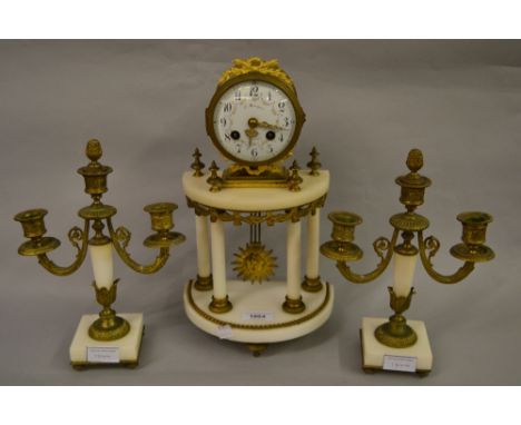 19th Century French ormolu and white alabaster clock garniture, the painted enamel dial with Arabic numerals, inscribed Marqu