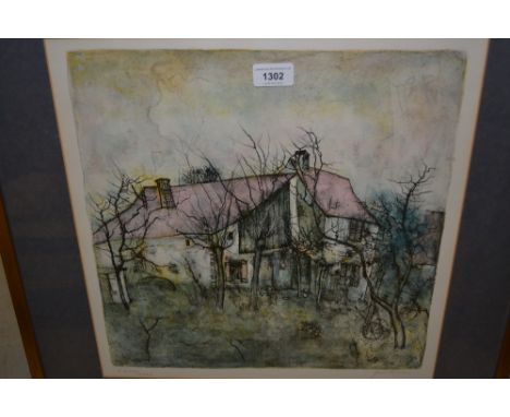 Bernard Gantner, signed proof lithograph, French farmhouse and trees, together with an etching, view of Campbell College, Bel