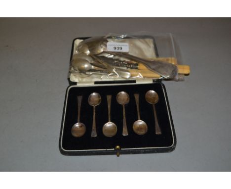 French silver spoon and fork, various butter knives etc, set of golf motif coffee spoons and a boxed set of silver coffee spo