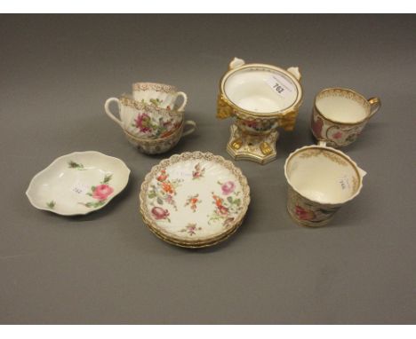 19th Century Derby pot pourri (minus cover), together with two early 19th Century English cups, three late Dresden porcelain 