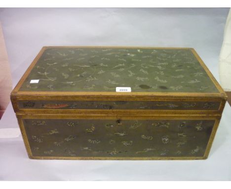 Small 19th Century Japanese green lacquered and gilded trunk inlaid in mother of pearl with exotic birds, the hinged cover en