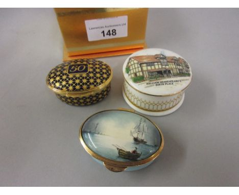 Halcyon Days oval enamel trinket box together with a Staffordshire enamel trinket box and a Staffordshire ceramic trinket box