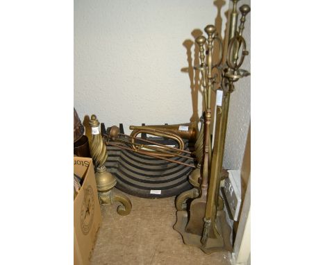 Iron fire basket together with a quantity of various fire tools and a bugle 