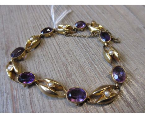 9ct Yellow gold amethyst and split seed pearl set alternating link braceletSlight signs of wear but otherwise in good conditi