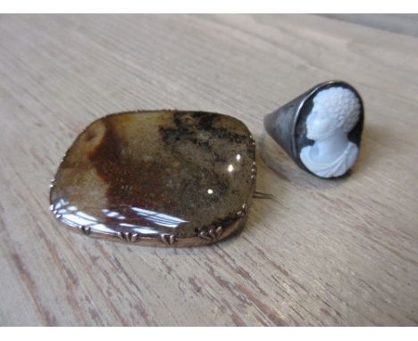 Hardstone portrait ring together with an oval moss agate broochThere is damage to the cameo, particularly on and just below t