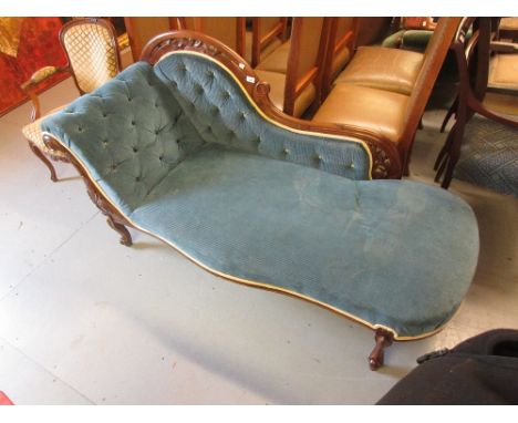 Victorian mahogany and blue button cord upholstered chaise longueNo major stains but is a little dirty, appears to have been 