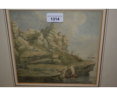 Attributed to John Warwick Smith, 1739 - 1831, watercolour, castle on a rocky headland, 8ins x 8.25ins , unsigned, gallery la
