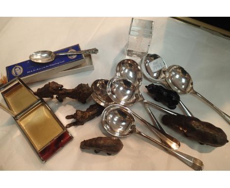 Mixed lot containing West German compact Mappin and Web soup spoons, Britains type animals and 1957 coronation teaspoon. P&am