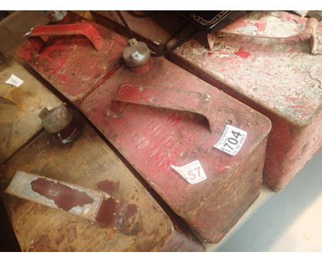 Six antique metal petrol cans including BP example. Not available for in-house P&P, contact Paul O'Hea at Mailboxes on 01925 