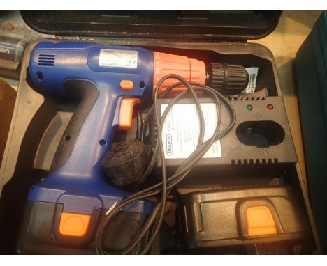 A cased Draper 18V cordless drill plus batteries and charger. Not available for in-house P&P, contact Paul O'Hea at Mailboxes