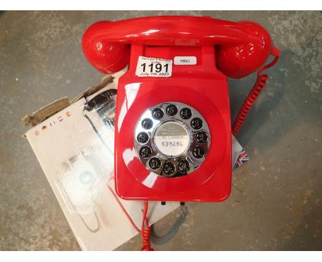 Red wallphone, retro push button telephone replica of the 1970s classic, compatible with modern telephone banking and any sta