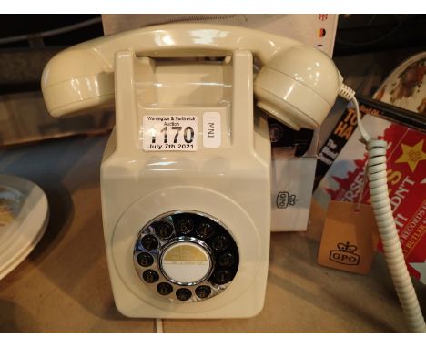 Ivory wallphone, retro push button telephone replica of the 1970s classic, compatible with modern telephone banking and any s