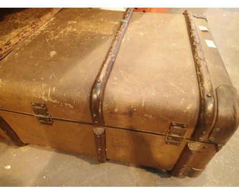Leather and wood bound travel trunk. Not available for in-house P&amp;P, contact Paul O'Hea at Mailboxes on 01925 659133 