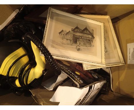 A box of mixed items to include electric fan, drill steamer etc. Not available for in-house P&P, contact Paul O'Hea at Mailbo