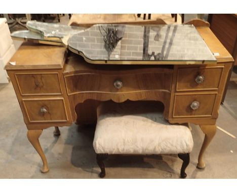 Light mahogany dressing table with four side drawers and one central and a footstool. Not available for in-house P&amp;P, con