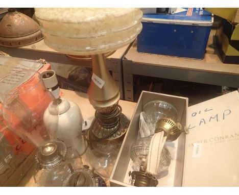 Selection of art lamps and shades to include a Portuguese glass oil lamp. Not available for in-house P&P, contact Paul O'Hea 