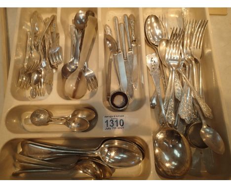 A selection of 19th and 20th century silver-plated flatware, some with silver grips. P&amp;P Group 2 (£18+VAT for the first l